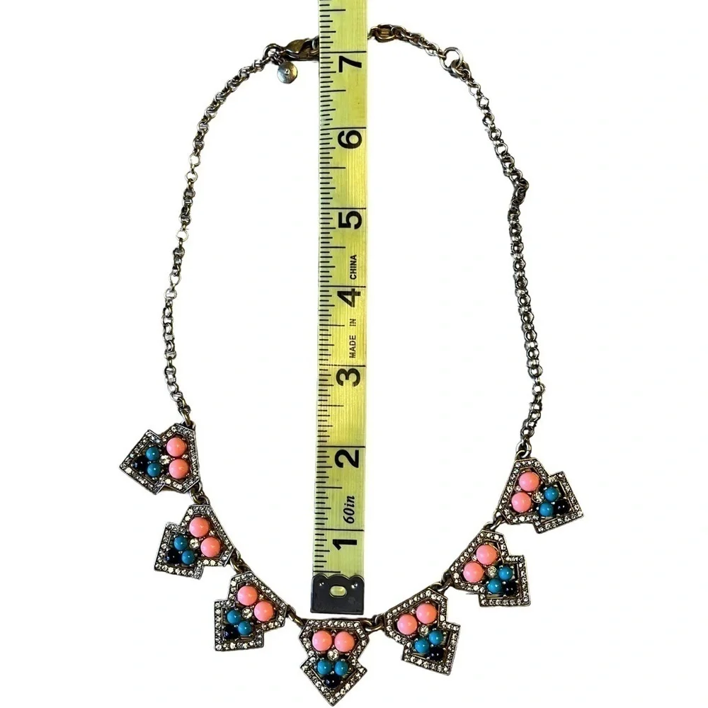 J Crew Antique Look Statement Bib Necklace Gold Peach Blue Rhinestones